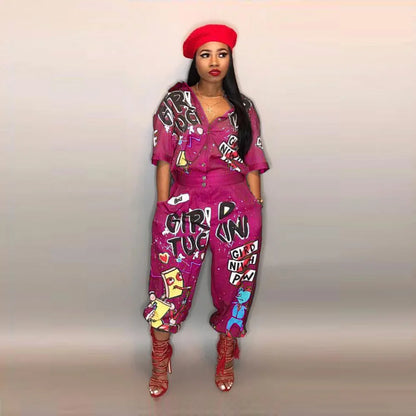 2020 New Style Brand Fashion Hip Hop Style Women Jumpsuit Special Letter Turn Down Collar Half Sleeve Romper Jumpsuit