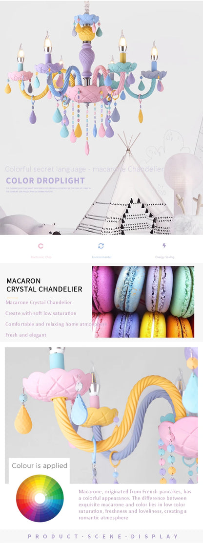 Rainbow Crystal Chandelier European Candle Lustres Bedroom Children's Room American LED E14 8 Lights Princess Makaron Kid Lamps