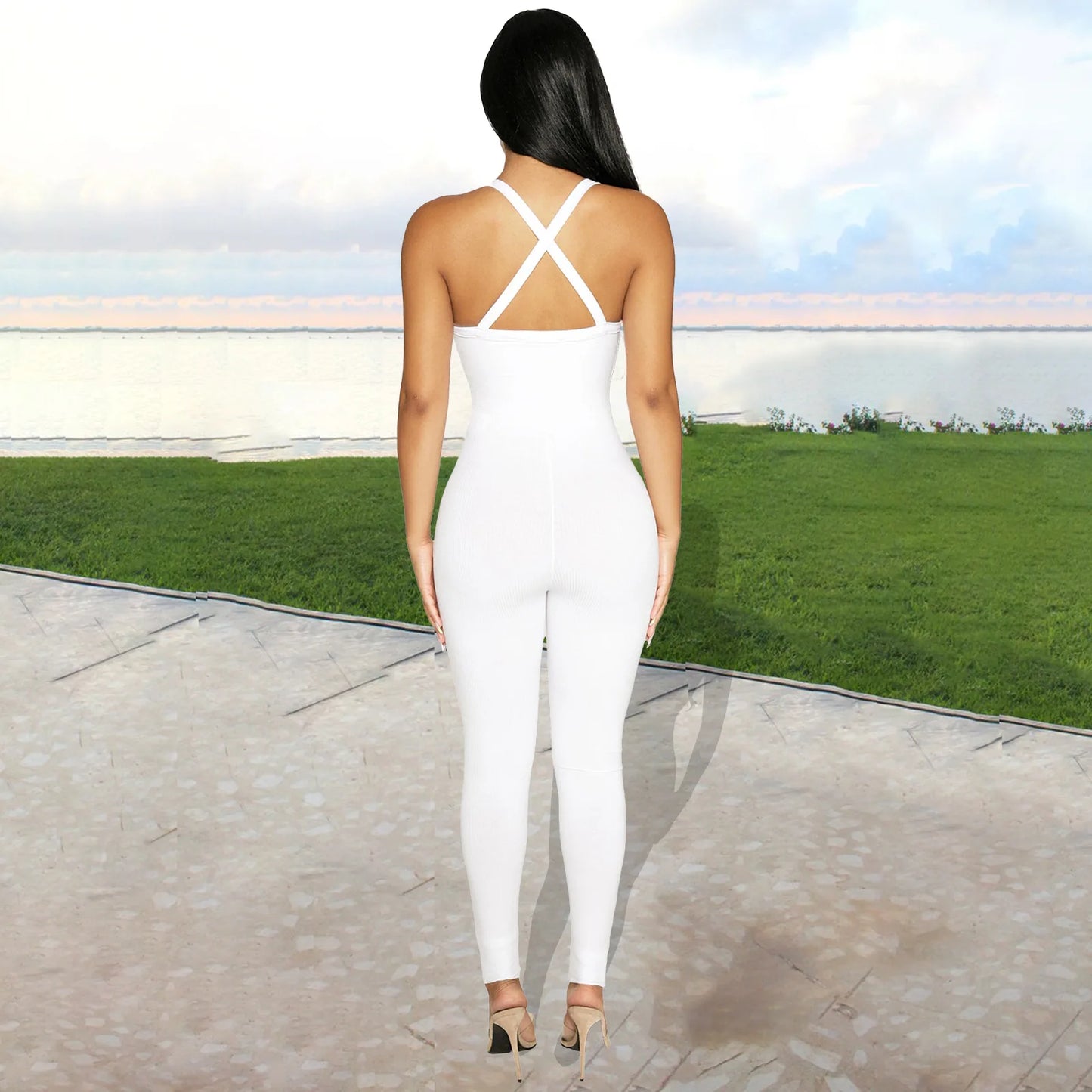 Sexy Cleavage Jumpsuits Women Classic Simple Casual Sporty Wear Sleeveless V-Neck Back Criss Cross Active Casualwear