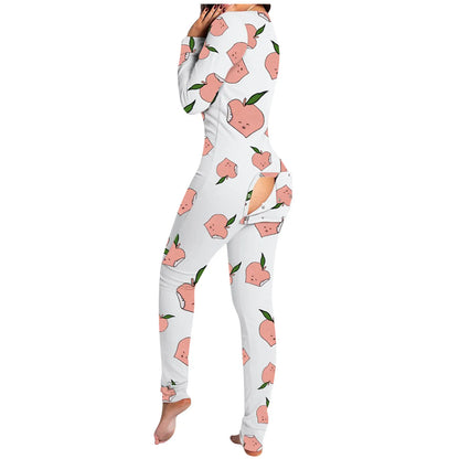 Sexy Women Pajamas Onesies Button-down Front Buttoned Flap Adults Pyjama Plaid Cow Print V-neck Long Sleeve Jumpsuit Sleepwear
