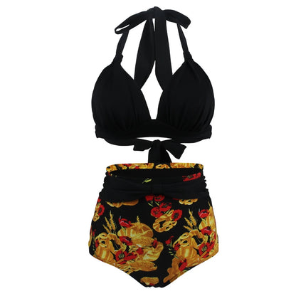 Pleated Bikini Red Top Navy Blue With White Dots Bottom Women Classic High Waist Halter Bikini Sets Plus Size Two-piece Swimwear