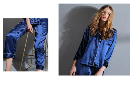 6A Factory Brand 100% Mulberry Silk Pajamas Women Set Summer Autumn Spring Winter Long-sleeved Two-piece Set Silk Sleepwear Gray