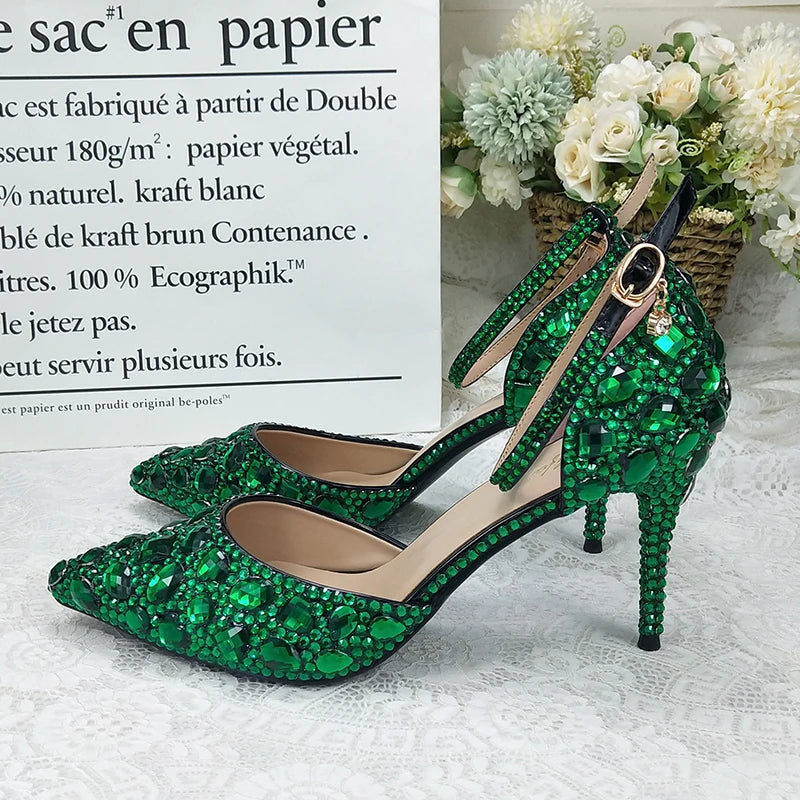 BaoYaFang 2022 NEW ARRIVE Green Crystal Wedding Shoes Woman Thin Heel Pointed Toe Bridal Party Dress Shoe Big Size High Pumps