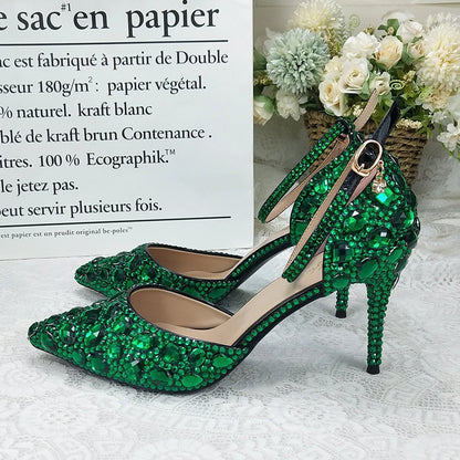 BaoYaFang 2022 NEW ARRIVE Green Crystal Wedding Shoes Woman Thin Heel Pointed Toe Bridal Party Dress Shoe Big Size High Pumps