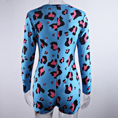 OMSJ 2026 Spring Sexy Women Purple Leopard Print Elegant Sleepwear Pajamas Onesies Long Sleeve Bodycon Short Jumpsuits Nightwear