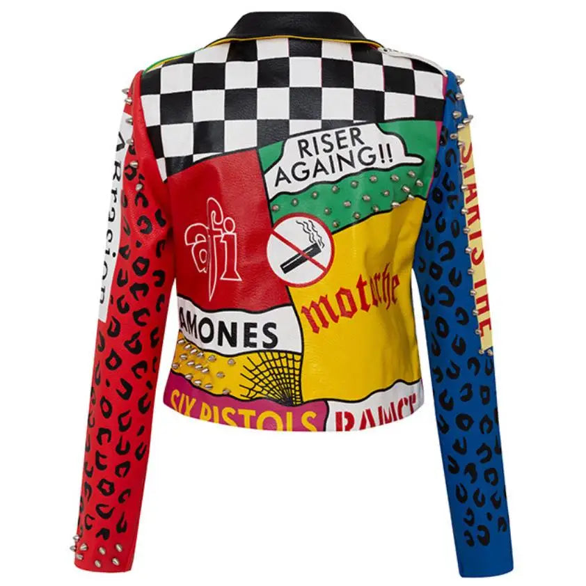 3xl women and men rivet beading pu leather jacket hit color streetstyle Graffiti outerwear letters printed leather jackets