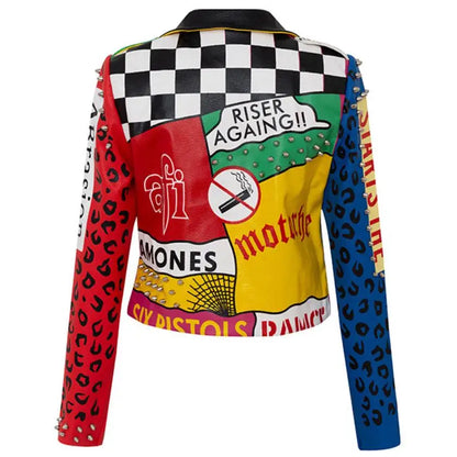 3xl women and men rivet beading pu leather jacket hit color streetstyle Graffiti outerwear letters printed leather jackets