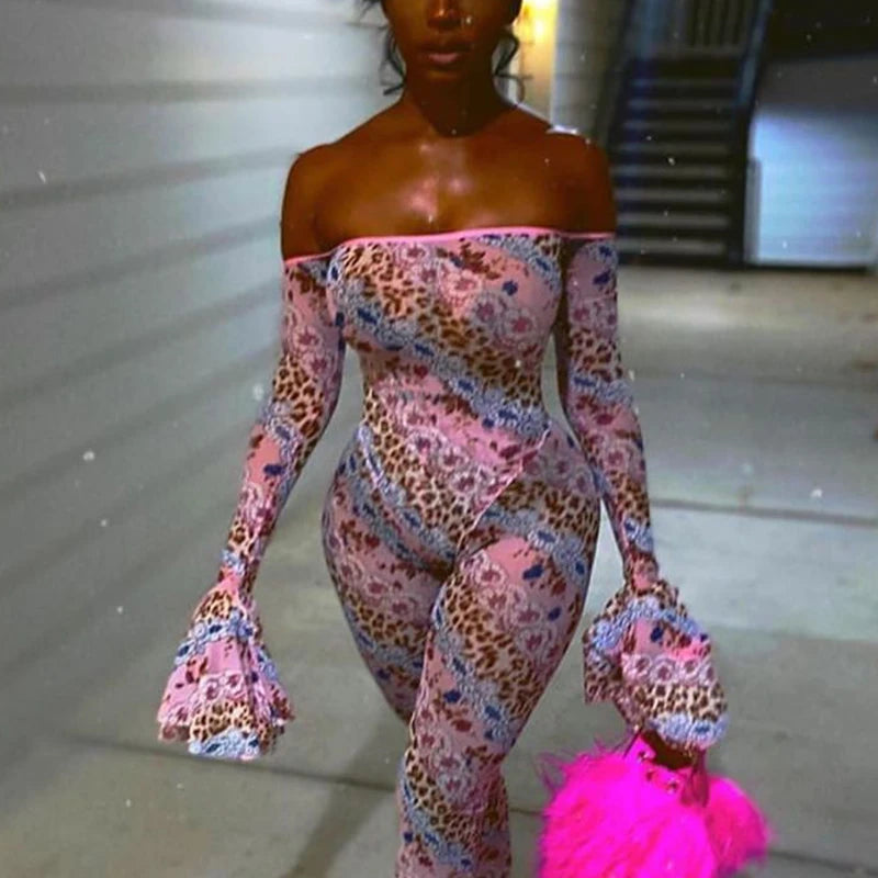 Women Sexy See-through Slash Neck Flared Sleeve Nightclub Outfits Overalls 2025 Hipster High Waist Floral&Leopard Print Jumpsuit