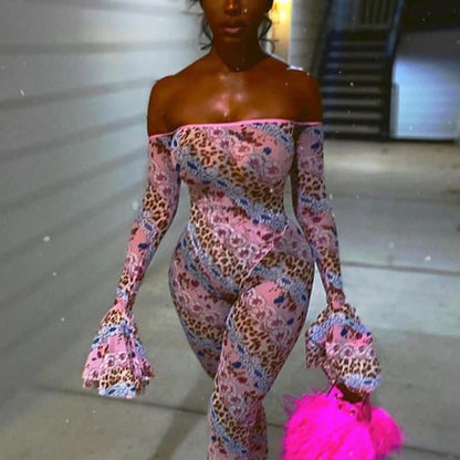Women Sexy See-through Slash Neck Flared Sleeve Nightclub Outfits Overalls 2025 Hipster High Waist Floral&Leopard Print Jumpsuit