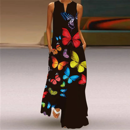 Elegant Sleeveless Women Dress Summer Vintage Print Loose Long Maxi Dresses Lady V Neck Pocket Sundress Femme Vestido Plus Size