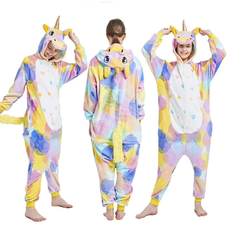Animal Onesies Winter Flannel Family Matching Pajamas for Kids and Adult Unicorn Sleepwear Pyjamas Boys Girls Homewear Jumpsuit