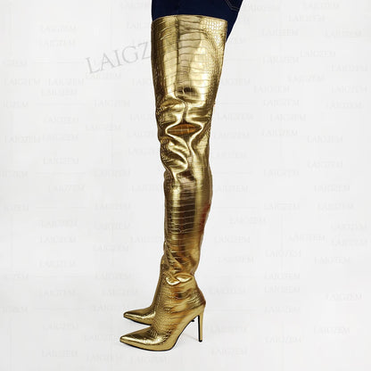 LAIGZEM Women Crotch High Boots Full Back Zip Up Stiletto High Heels Boots Corcodile Print Ladies Shoes Woman Big Size 38 42 47