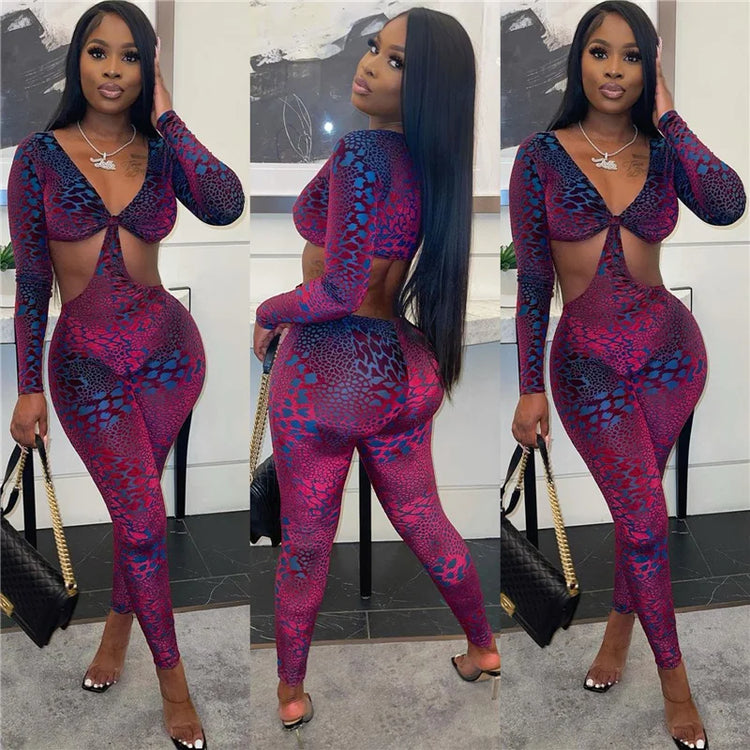 Sexy Hollow Out Rompers Womens Jumpsuit Long Sleeve Snakeskin Printed Club Wear Skinny Slim Party Jumpsuits Bodycon Overalls
