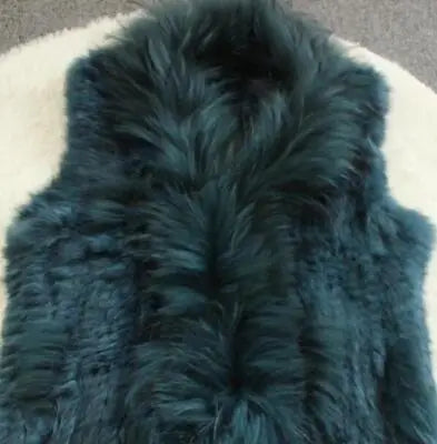 new fashion rabbit fur vest knit rabbit vest 80cm long style for women raccoon fur collar trim fur waistcoat pocket decoration