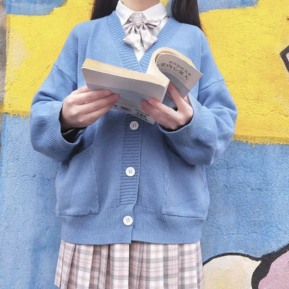Japan School Sweater Spring Autumn V-neck Cotton Knitted Sweater College Style JK Uniform Cardigan 4 Color Student Girls Cosplay