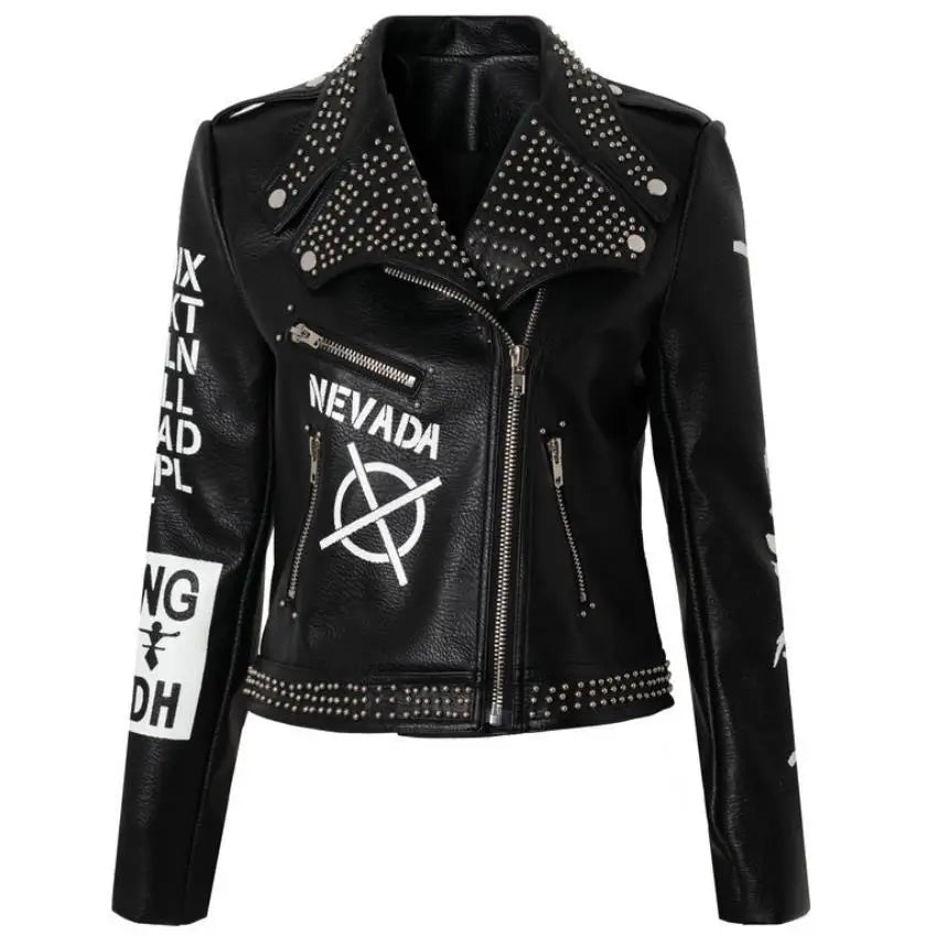 3xl women and men rivet beading pu leather jacket hit color streetstyle Graffiti outerwear letters printed leather jackets