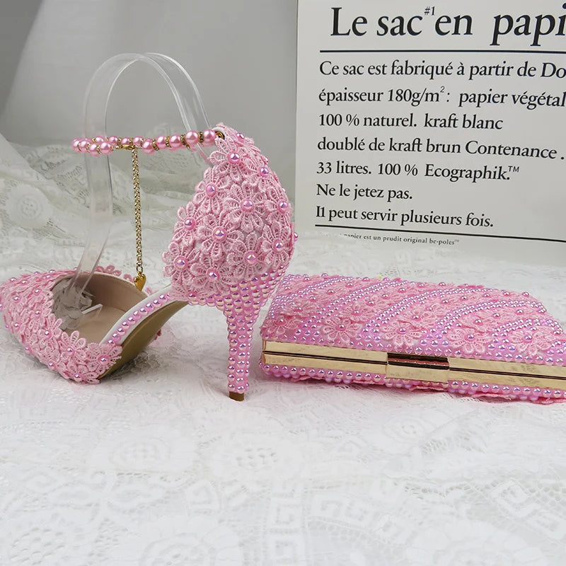 AB Pink Pearl Flower Wedding Shoes With Matching Bags High Heels Pointed Toe Ankle Strap Ladies Party Shoe and Bag Set