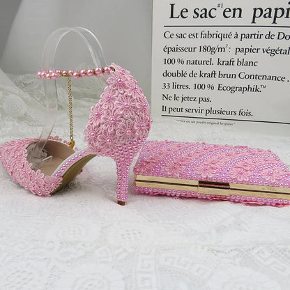AB Pink Pearl Flower Wedding Shoes With Matching Bags High Heels Pointed Toe Ankle Strap Ladies Party Shoe and Bag Set