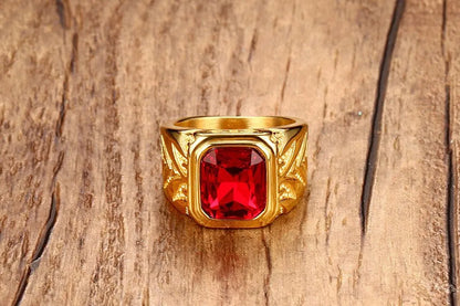 Square Red gemstones zircon diamonds rings for men 18K gold color titanium stainless steel luxury jewelry bijoux bague accessory