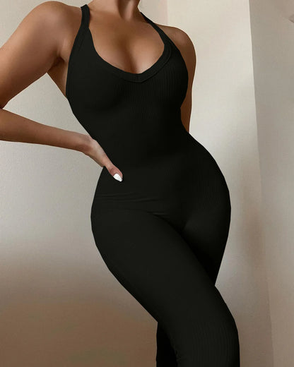 Sexy Cleavage Jumpsuits Women Classic Simple Casual Sporty Wear Sleeveless V-Neck Back Criss Cross Active Casualwear