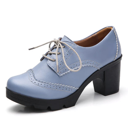 EOFK Women Brogue Shoes New Quaity High Square Heel Derby Genuine Leather High Heels Wedge Shoes Woman Female Shoes Pumps Casual