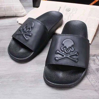Summer Fashion Men's Leather Slippers Couple Beach Shoes Skull Sandals Slippers Antiskid Open Toe Flip Flops Big Size Slides