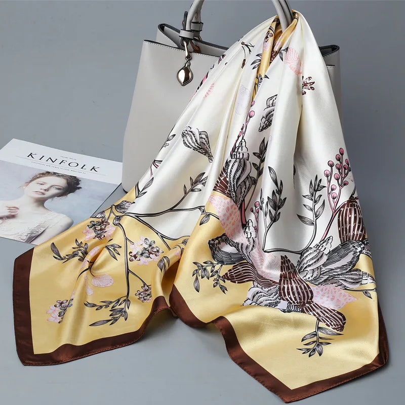Wholesale Fashion Floral Print Kerchief Silk Satin Shawls and Wraps Hijab Scarfs Female 90cm*90cm Square Bag Scarves For Ladies