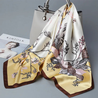 Wholesale Fashion Floral Print Kerchief Silk Satin Shawls and Wraps Hijab Scarfs Female 90cm*90cm Square Bag Scarves For Ladies