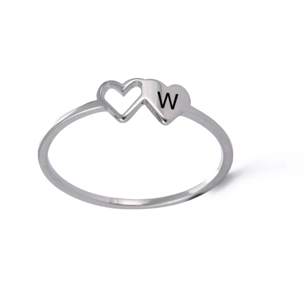 COOLTIME Initial Letter Ring for Women Stainless Steel A-Z Alphabet Double Heart Rings Simple Wedding Cheap Gift For Lover
