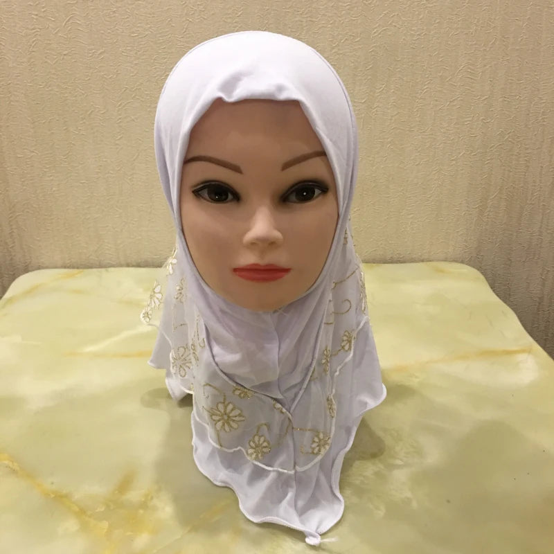 H043 beautiful small girl hijab with flower net cute hijab hats women's caps can fit 2-6 years old girls muslim baby headscarf