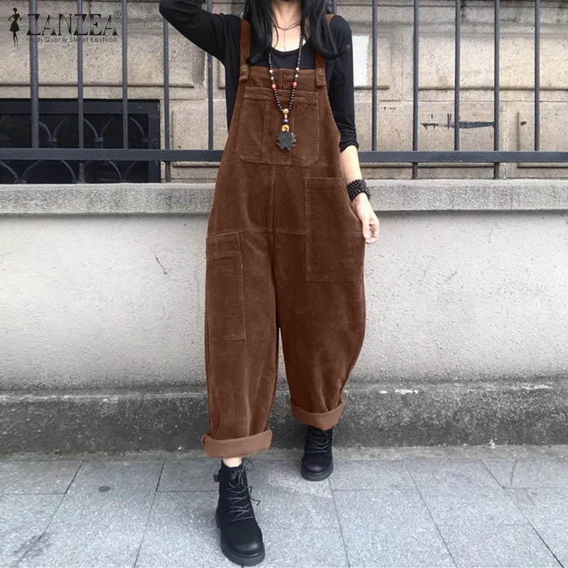 Corduroy Overalls Women's Summer Bib Jumpsuits ZANZEA 2026 Casual Suspender Harem Pants Female Solid Rompers Femme Oversize