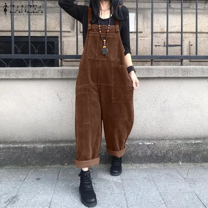 Corduroy Overalls Women's Summer Bib Jumpsuits ZANZEA 2026 Casual Suspender Harem Pants Female Solid Rompers Femme Oversize