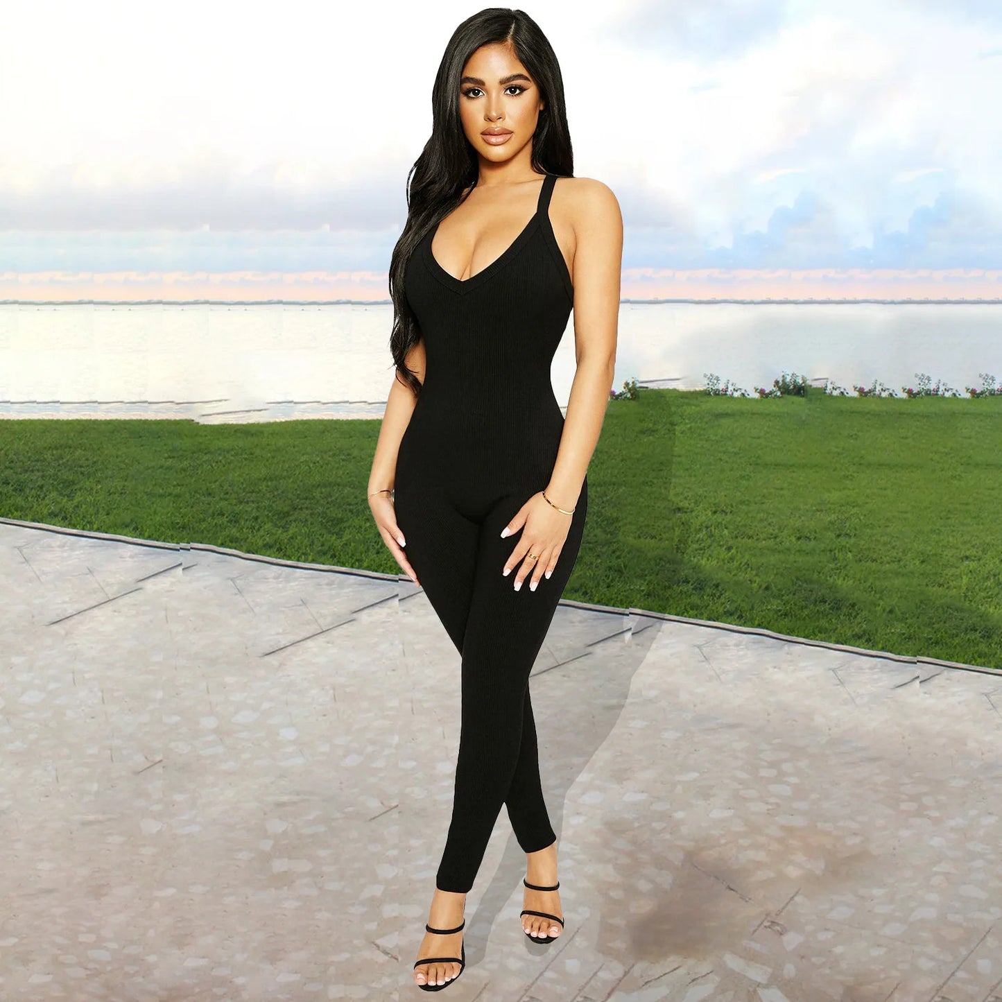 Sexy Cleavage Jumpsuits Women Classic Simple Casual Sporty Wear Sleeveless V-Neck Back Criss Cross Active Casualwear