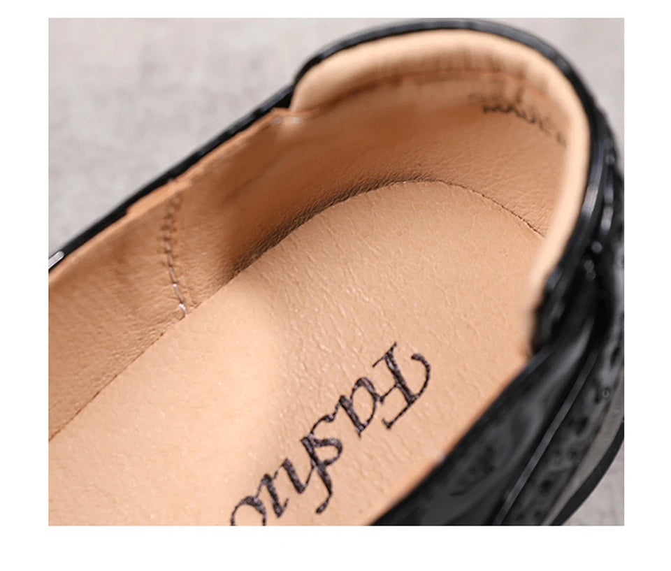 EOFK Women Pumps Shoes Genuine Leather New Mary Jane High Heels Shinny Patent Woman Ladies Shoes Pumps Brogue High Square Heel