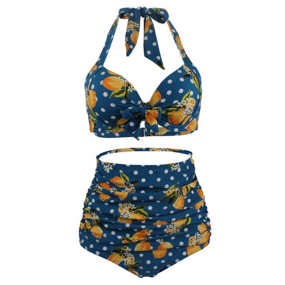 Pleated Bikini Red Top Navy Blue With White Dots Bottom Women Classic High Waist Halter Bikini Sets Plus Size Two-piece Swimwear