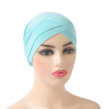 H117 Forehead criss Cross Muslim Turban Pure Color Stretch Inner Hijabs For Caps Ready To Wear Women Head Scarf Under Bonnet