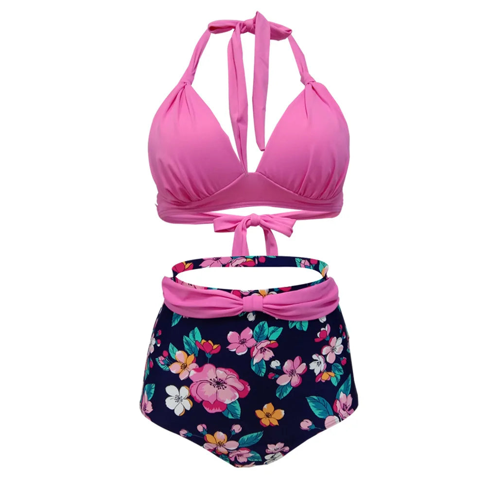 Pleated Bikini Red Top Navy Blue With White Dots Bottom Women Classic High Waist Halter Bikini Sets Plus Size Two-piece Swimwear