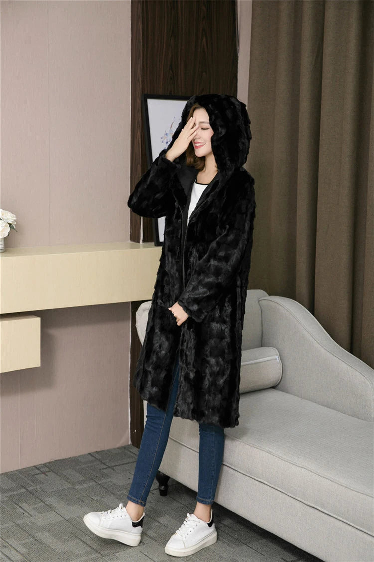 Luxury Lady Genuine real natural mink fur coat with hood women's long fashion warm winter waistcoats jacket custom any size