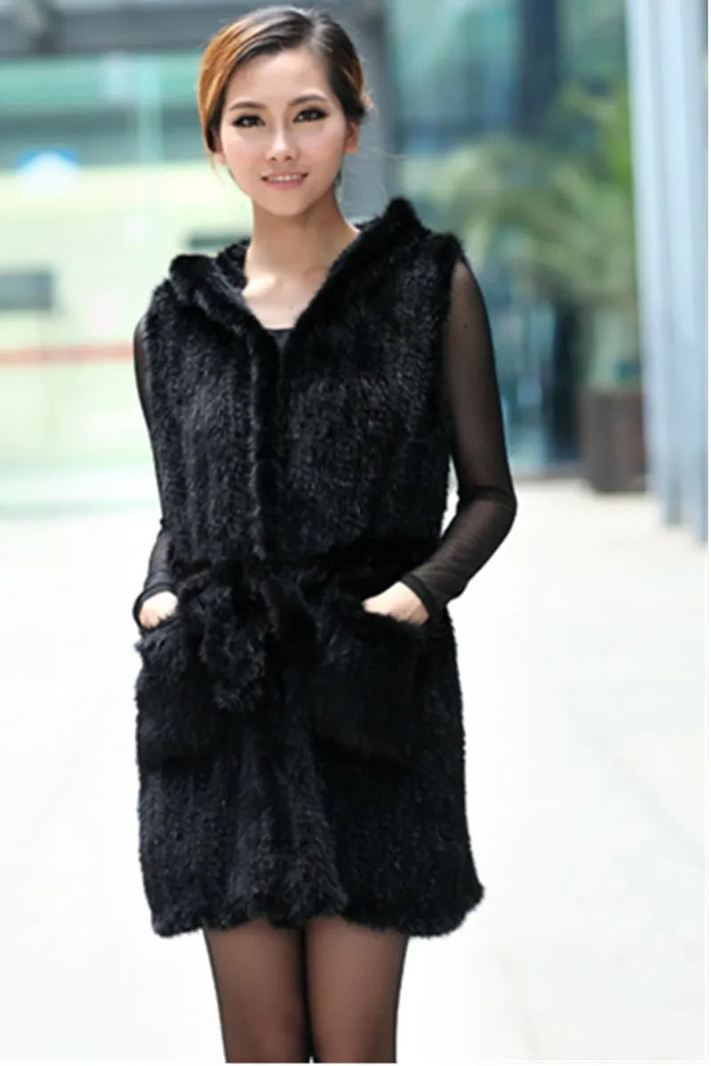 New Genuine Knitted Mink Fur Vest Hooded Mink Fur Vest Warm Winter Fur Coat