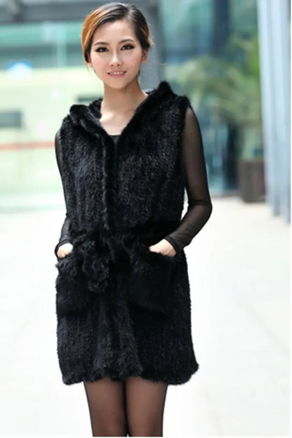 New Genuine Knitted Mink Fur Vest Hooded Mink Fur Vest Warm Winter Fur Coat