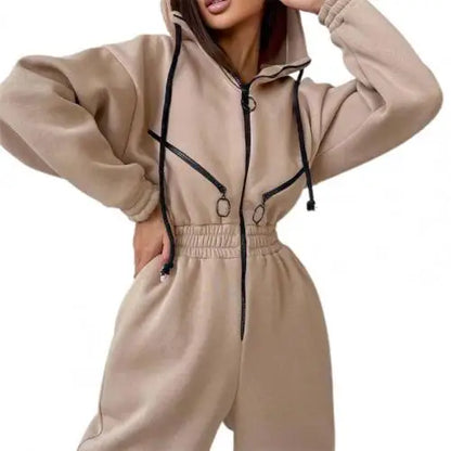Warm Winter Women Hooded Playsuit Solid Color Thick Tight Waist Rompers Casual Women Hoodie Jumpsuit Overalls combinaison femme