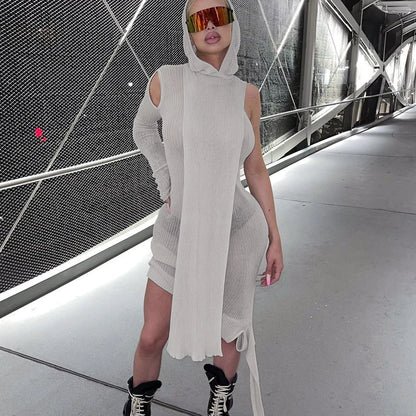 Fall Spring Clubwear Tight Dress One Sleeve Knit Asymmetric Midi Dresses Skinny Ribbed Hooded Streetwear Baddie Clothes