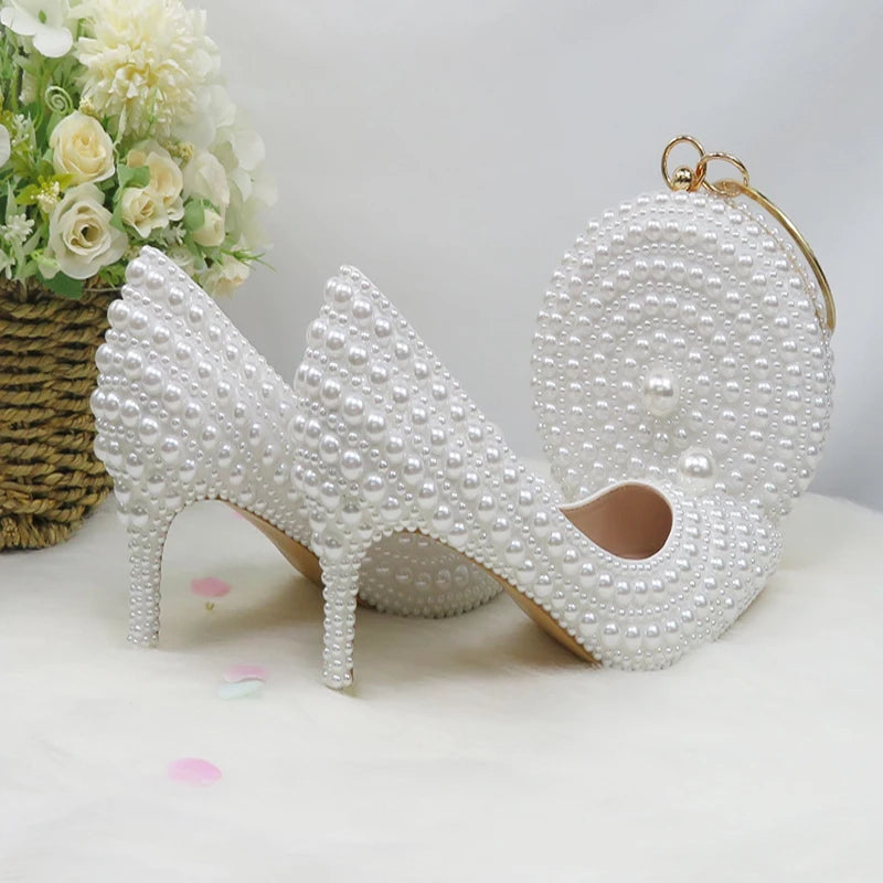 BaoYaFang White Beads Pearl Women Wedding Shoes Bride High Heels Shoes Ladies Super Big Size Party Dress Shoes Woman Pointed Toe