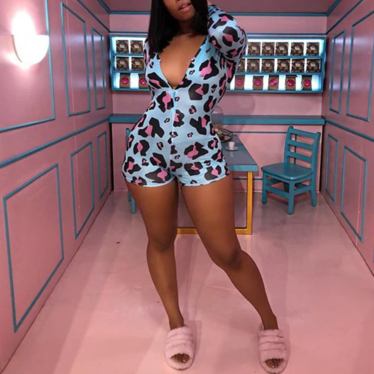 OMSJ 2024 Rompers Women Sleepwear Sky Blue Leopard Print Long Sleeve Short Jumpsuit Sexy Onesie For Adult Female Nightwear S-3XL