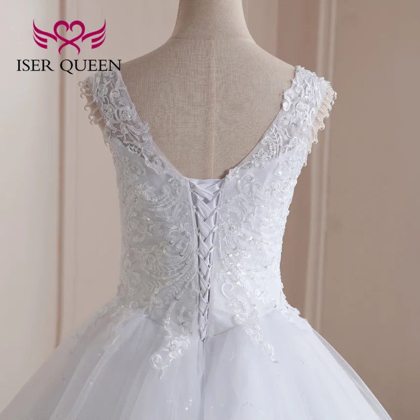 Customized V neck Crystal Beading Lace Wedding Dresses For Women Plus Size Ball Gown Robe De Mariage Bride Dresses WX0211