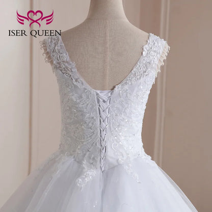 Customized V neck Crystal Beading Lace Wedding Dresses For Women Plus Size Ball Gown Robe De Mariage Bride Dresses WX0211
