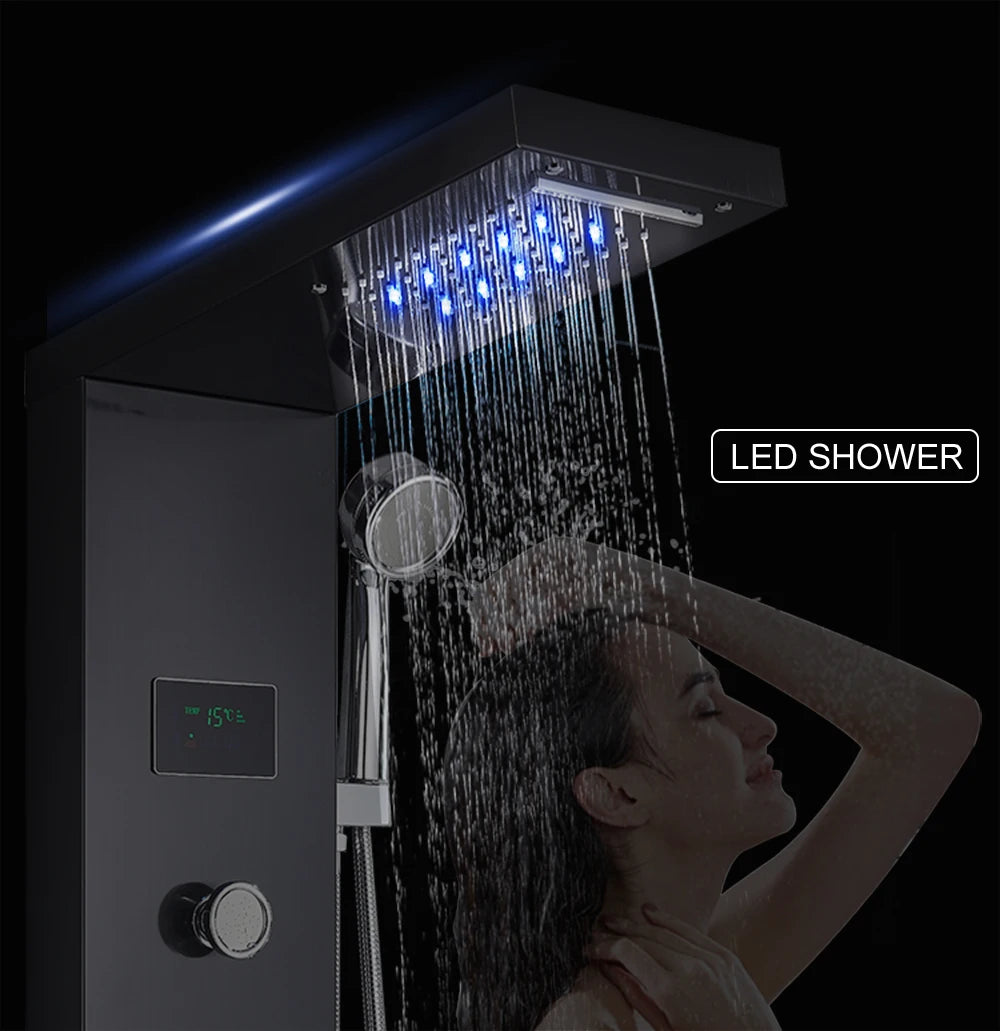 LED Light Shower Panel Waterfall Rain Digital Display Shower Faucet Set SPA Massage Jet Bathroom Column Mixer Tap Tower System