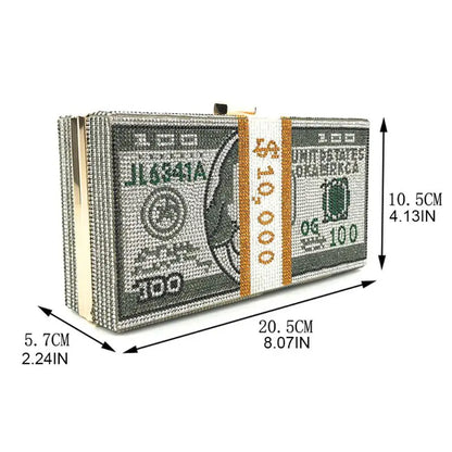 Luxury Money Clutch Rhinestone Purse 10000 Dollars Stack of Cash Evening Handbags Shoulder Wedding Dinner Bag 8 Color Wallet