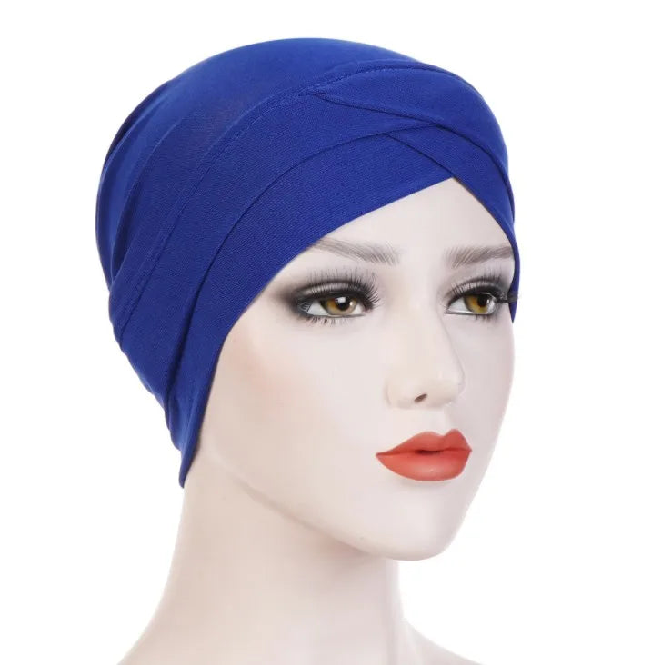 H117 Forehead criss Cross Muslim Turban Pure Color Stretch Inner Hijabs For Caps Ready To Wear Women Head Scarf Under Bonnet