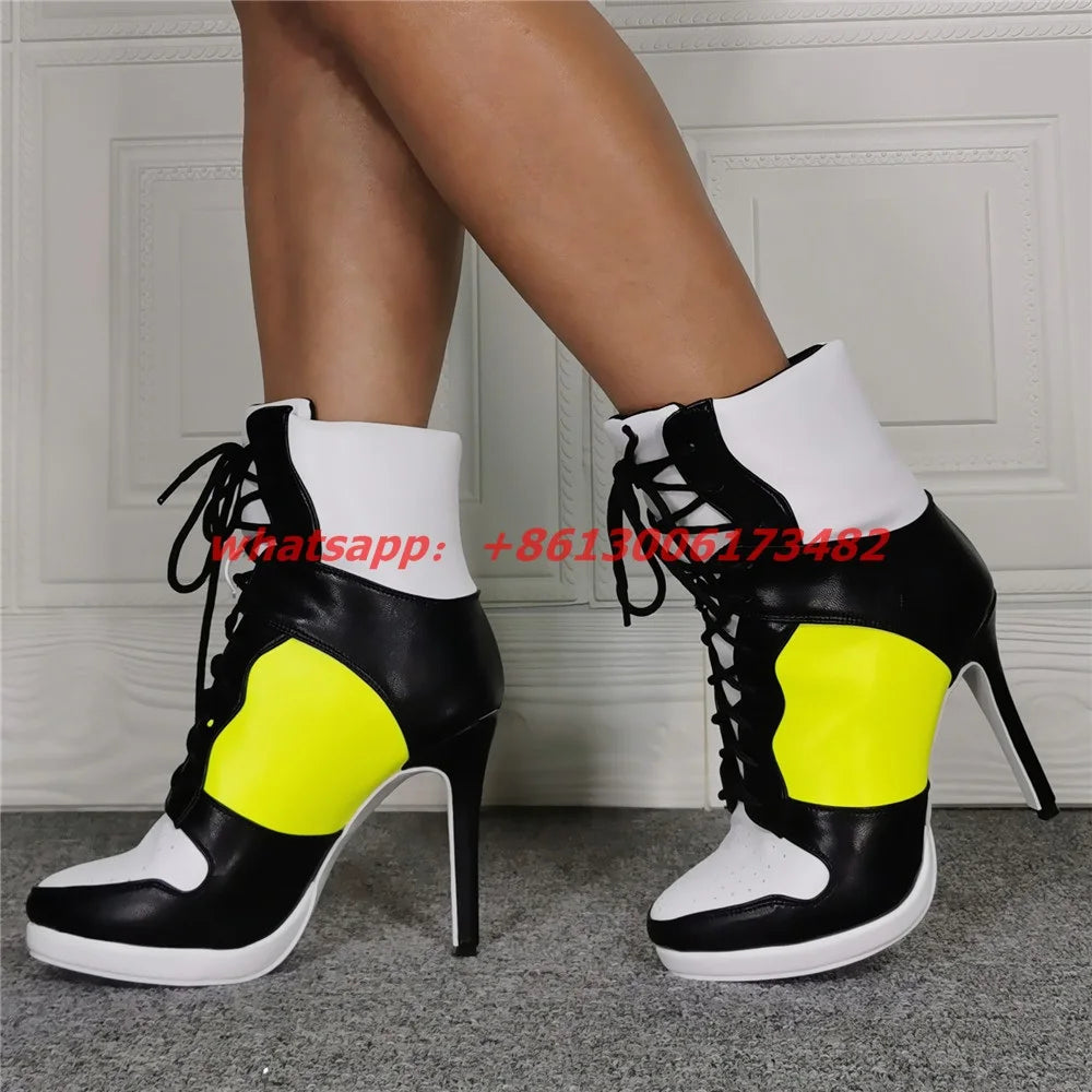 Lace Up High Top High Heel Sport Boots Size 47 Sporty Style Woman High Heel Lace-Up Short Boot High Heel Woman Sport Ankle Boots